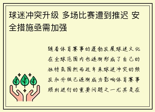 球迷冲突升级 多场比赛遭到推迟 安全措施亟需加强 球迷冲突升级 多场比赛遭到推迟 安全措施亟需加强