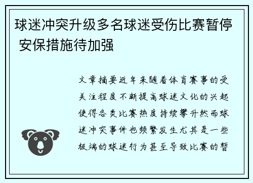 球迷冲突升级多名球迷受伤比赛暂停 安保措施待加强