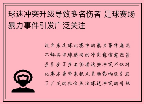 球迷冲突升级导致多名伤者 足球赛场暴力事件引发广泛关注 球迷冲突升级导致多名伤者 足球赛场暴力事件引发广泛关注