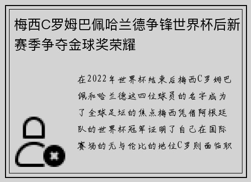 梅西C罗姆巴佩哈兰德争锋世界杯后新赛季争夺金球奖荣耀
