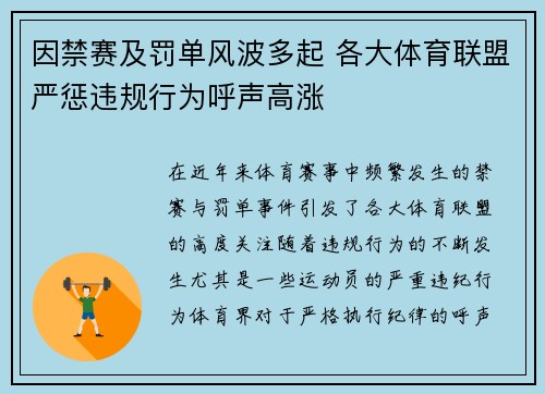 因禁赛及罚单风波多起 各大体育联盟严惩违规行为呼声高涨